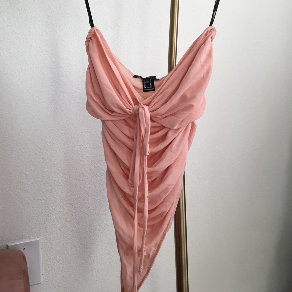 Strapless ruched light pink body suit w/ front tie